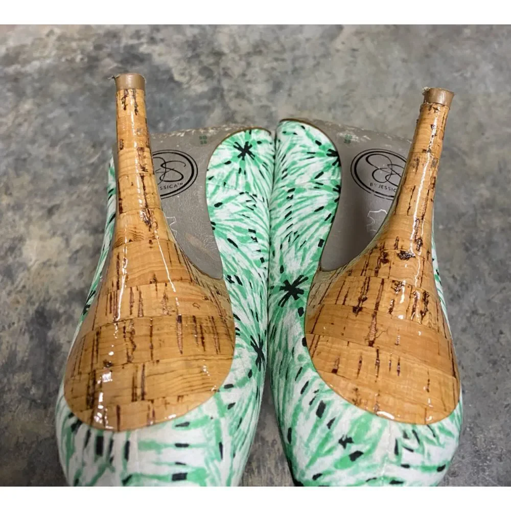 Jessica Simpson JP Oscar Green Multi Fabric Cork Heel Pump Size 9
